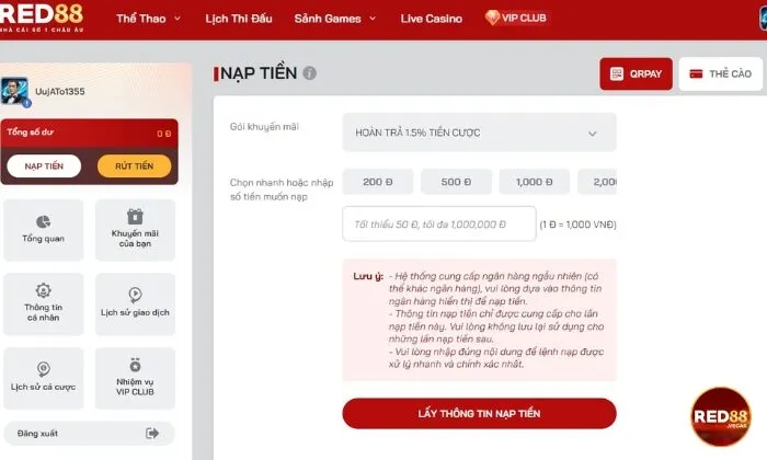 Nạp tiền cá cược Red88