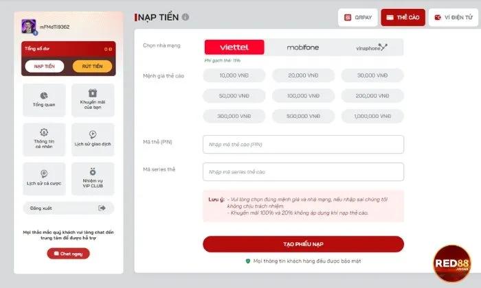 Nạp tiền Red88 nhanh chóng với thẻ cào